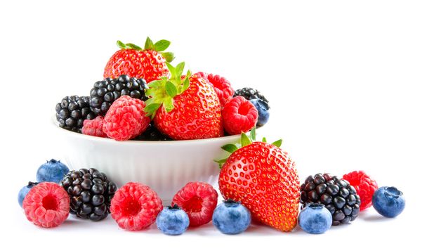 Big Pile of Fresh Berries in Bowl on the White Background - Zdjęcie, obraz