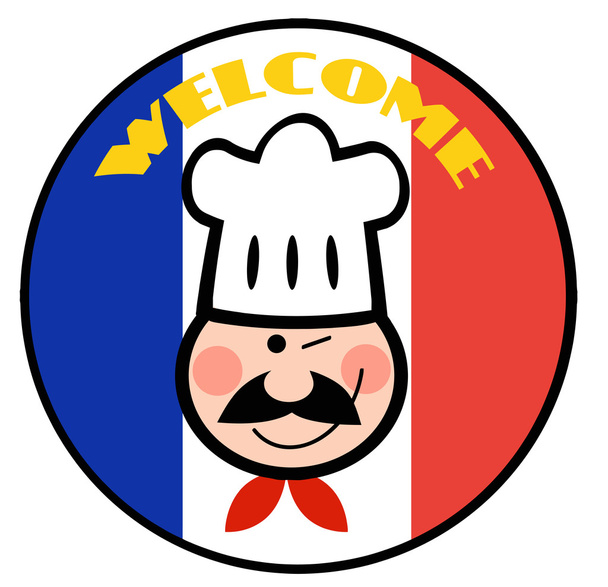 szef kuchni z przymrużeniem na kole Zapraszamy flaga francuski - Zdjęcie, obraz