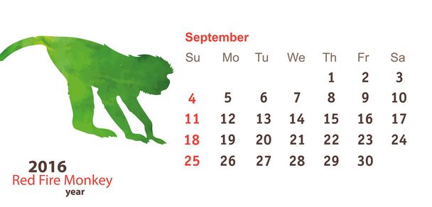 September 2016 with Monkey Watercolor Shape - Vector, Image