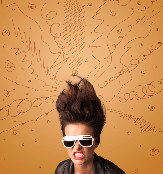 Excited young woman with extreme hairtsyle and hand drawn lines - Foto, Imagen
