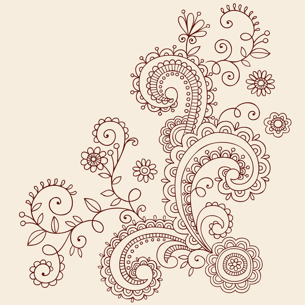 Henna Mehndi Paisley Flowers and Vines Doodle Vector Design - Vector, Image