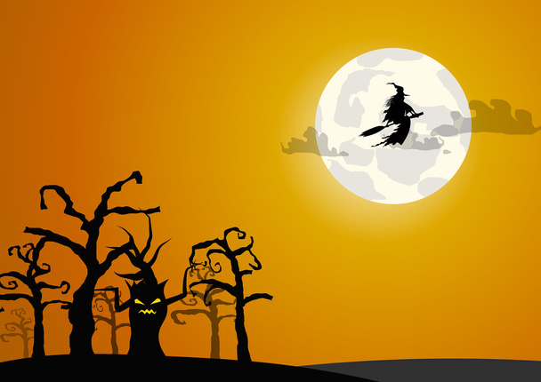 Vector: Bruja con árboles fondo de Halloween
 - Vector, Imagen