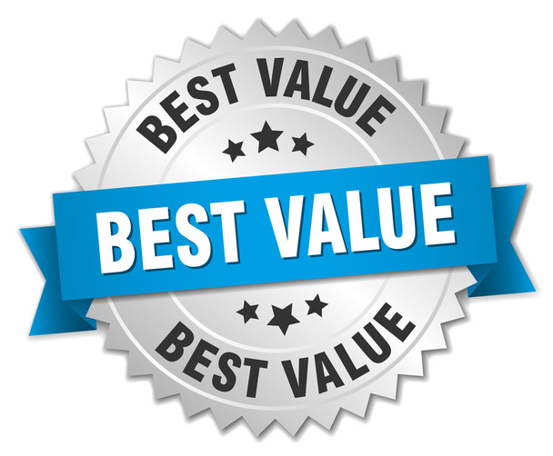 best value 3d silver badge with blue ribbon - Vector, imagen