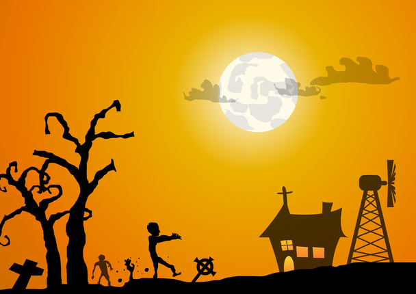 Вектор: зомби на фоне двора и дома на фоне Хэллоуина
 - Вектор,изображение