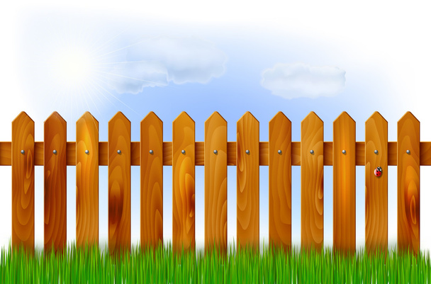 Wooden fence, grass and sky - Vector, Image