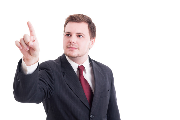 Accountant of financieel manager poiting vinger op onzichtbare scre - Foto, afbeelding
