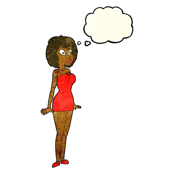 漫画驚きの女性で短いドレスで考えバブル - ベクター画像