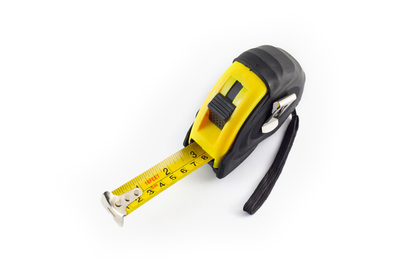 Yellow tape measure or steel tape isolated white background. - Foto, afbeelding
