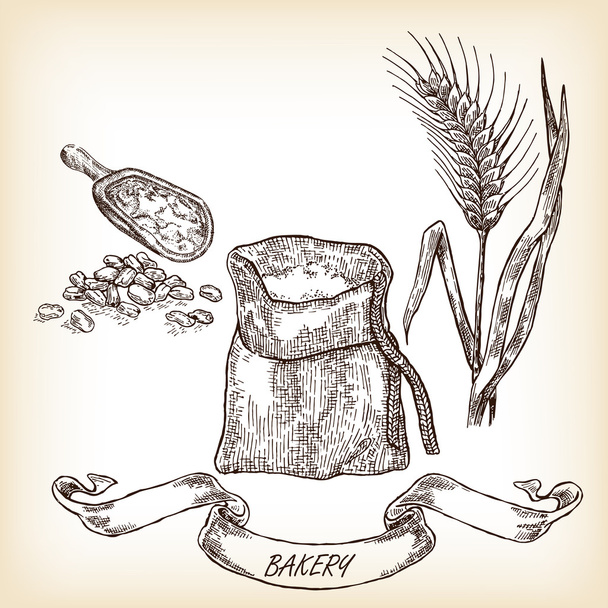 手には、袋、穀物、食事、小麦が描かれました。ベクトル - ベクター画像