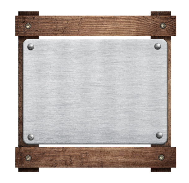 Composição da placa de alumínio do metal, placa de nome na armação de madeira
 - Foto, Imagem