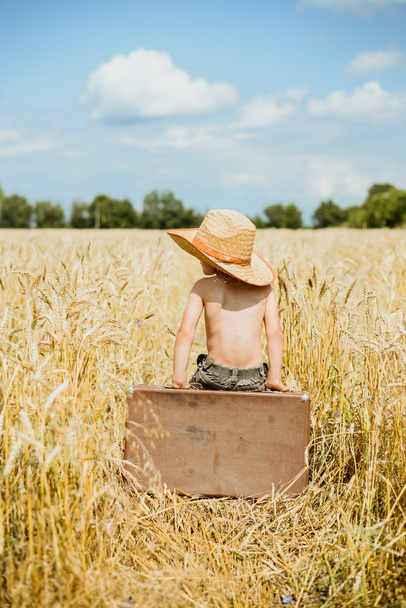 Little boy sitting on big old valize in summer countryside - Valokuva, kuva