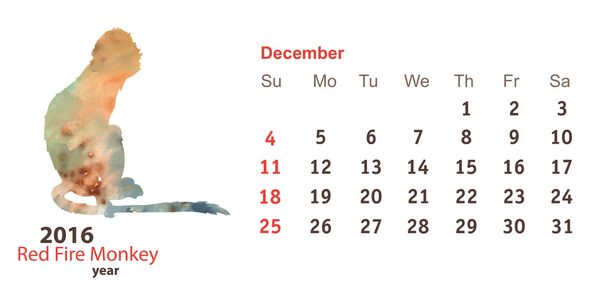 grade de dezembro 2016 com forma de macaco aquarela
 - Vetor, Imagem
