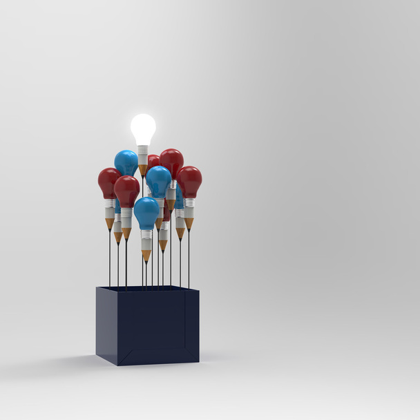 図面のアイデア鉛筆と cr としてボックスの外側の電球の概念 - 写真・画像