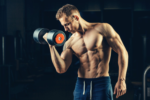 Athlete muscular bodybuilder training back with dumbbell  in the gym - Fotoğraf, Görsel
