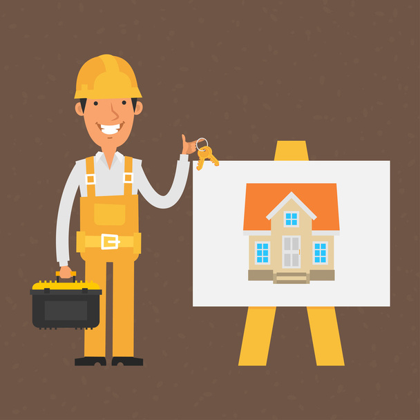 Builder stands near flip-chart and holds keys - Vector, Image