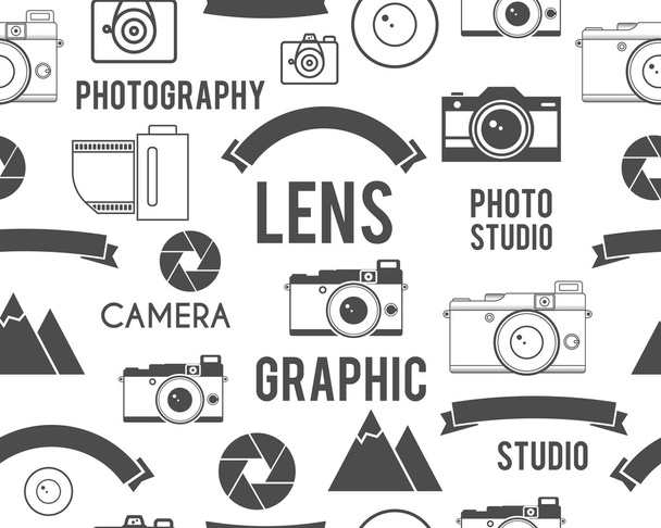 Photography symbols elements seamless pattern. Outdoor photo, graphic studio keywords. Monochrome texture design with lens and other equipment. Vector - Vektori, kuva