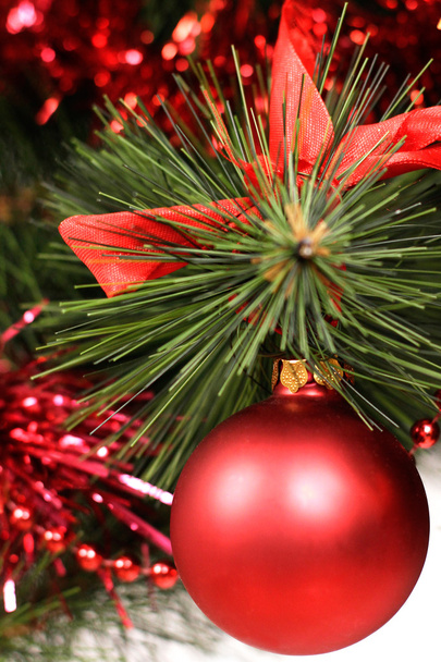 Κόκκινη χριστουγεννιάτικη μπάλα κρέμεται στο χριστουγεννιάτικο δέντρο - Φωτογραφία, εικόνα