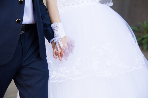 Beautiful wedding couple, bride and groom holding hands - Photo, Image