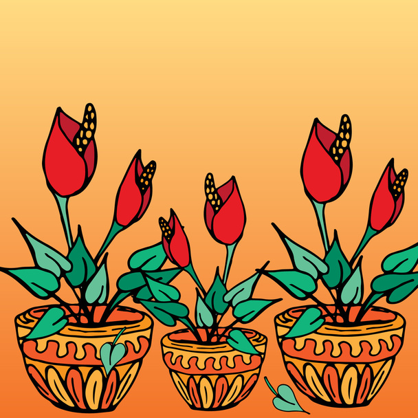 Φυτά σε γλάστρες με κόκκινα λουλούδια - Διάνυσμα, εικόνα