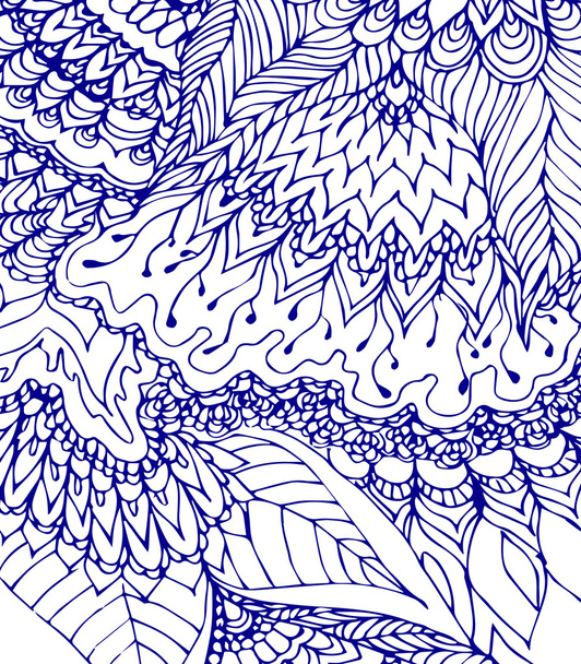 Modello blu e bianco. Disegno Doodle. Modello disegnato a mano. Linee astratte blu, curve e foglie sullo sfondo bianco. Sullo sfondo vintage. Texture vettoriale con fiori astratti
. - Vettoriali, immagini