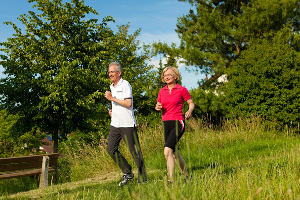 pareja de ancianos haciendo Nordic walking en verano
 - Foto, imagen