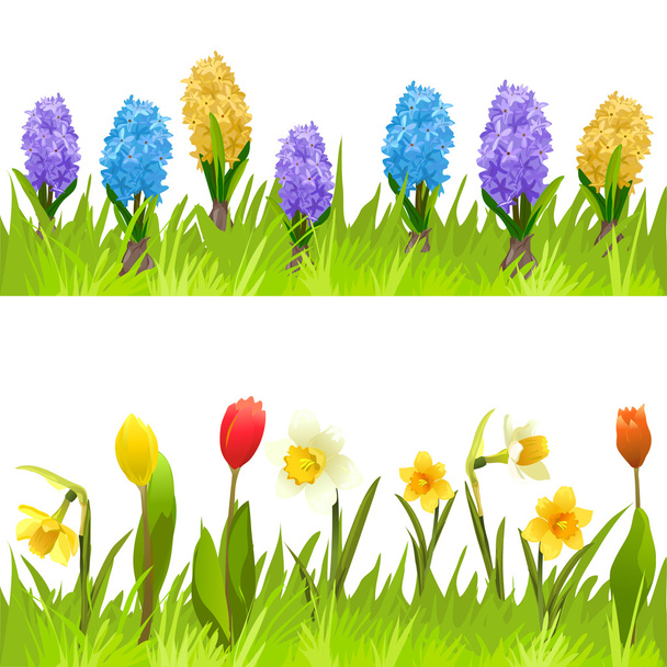 πανό με ανοιξιάτικα λουλούδια, τουλίπες, νάρκισσους και υάκινθοι - Διάνυσμα, εικόνα
