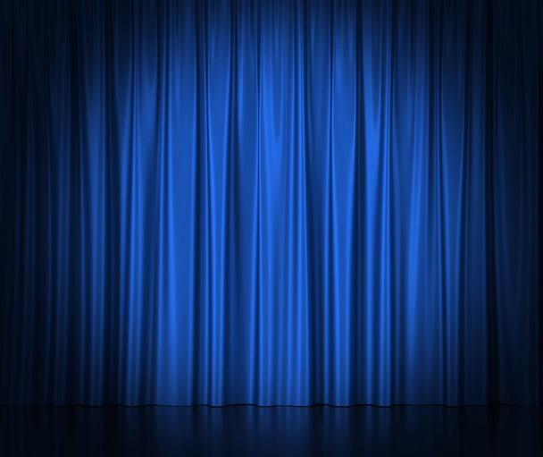 中心部の劇場や映画館めがけて光の青いシルクのカーテン.  - 写真・画像