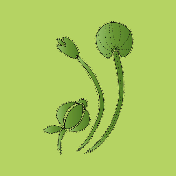Ilustración flores verdes en flor, dientes de león, fondo
 - Vector, Imagen