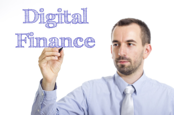 Digital Finance - Young businessman writing blue text on transparent surface - Fotó, kép
