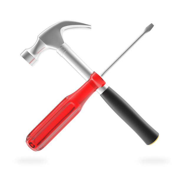 Hammer and screwdriver isolated on white background. Tools for the job. - 写真・画像