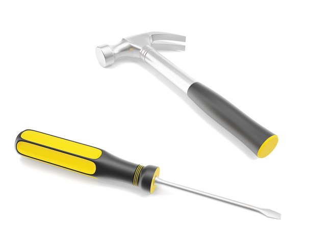 Tools for home, a screwdriver and a hammer isolated on a white background. - Foto, immagini