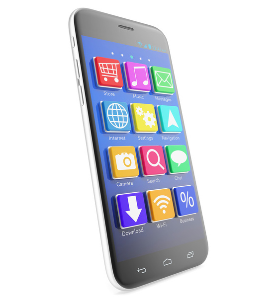 Touchscreen smartphone met toepassingen als pictogrammen geëxtrudeerd van het scherm, geïsoleerd op een witte achtergrond. - Foto, afbeelding
