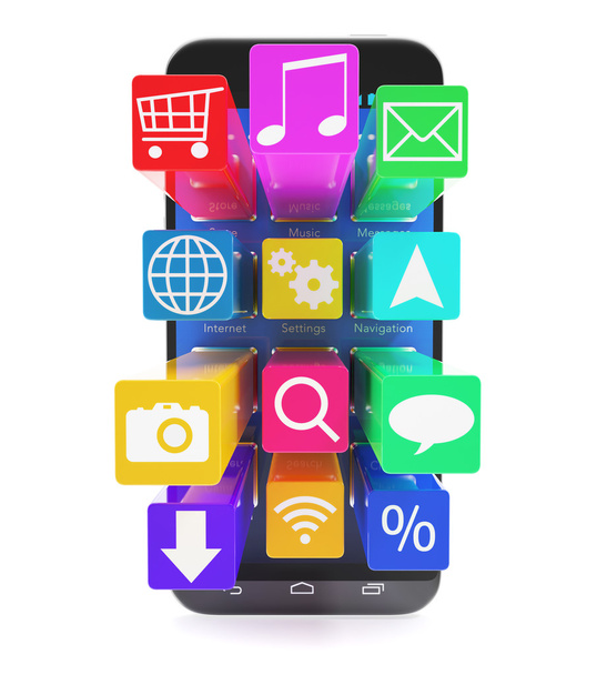 Smartphone touchscreen con applicazioni come icone estruse dallo schermo, isolate su sfondo bianco
. - Foto, immagini