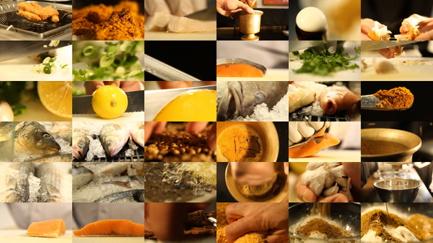 Монтаж приготовления пищи из рыбы и трав
 - Кадры, видео