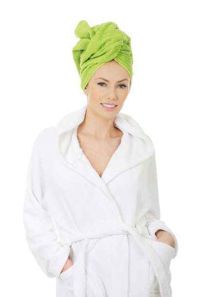 Spa woman in bathrobe and turban. - Foto, afbeelding