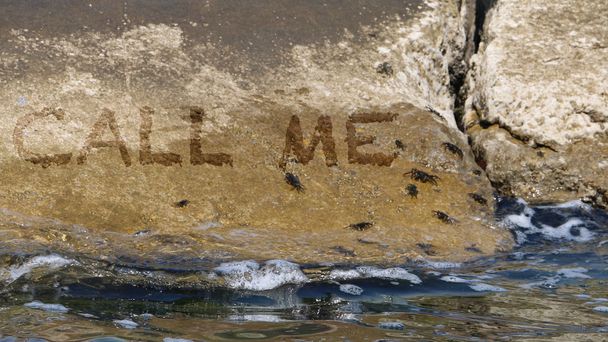 Τηλεφώνησέ μου γραμμένο πάνω στα βράχια δίπλα στη θάλασσα - Φωτογραφία, εικόνα