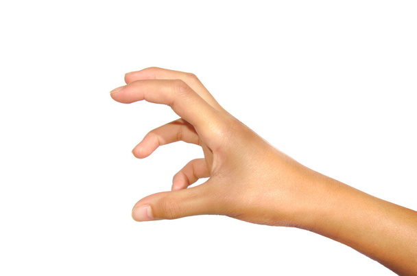 weibliche Teenie-Hand, um etwas Isoliertes auf weißem Hintergrund zu halten oder zu fangen - Foto, Bild