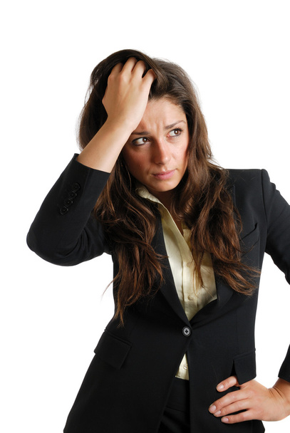 Geschäftsfrau mit den Händen auf dem Kopf wegen Misserfolgs - Foto, Bild