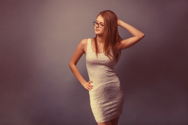 woman  white in dress  glasses  with in looking  away retro - Fotó, kép