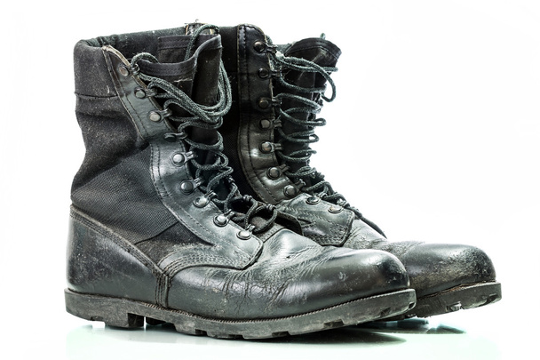 Black old combat military boots isolated on white background - Photo, Image