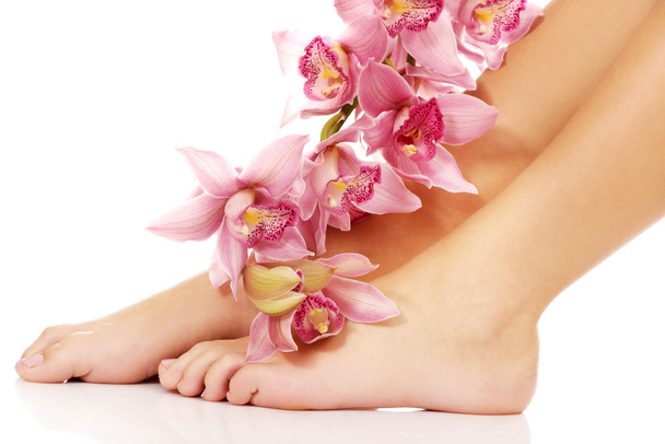 Woman legs with pink flowers. - 写真・画像