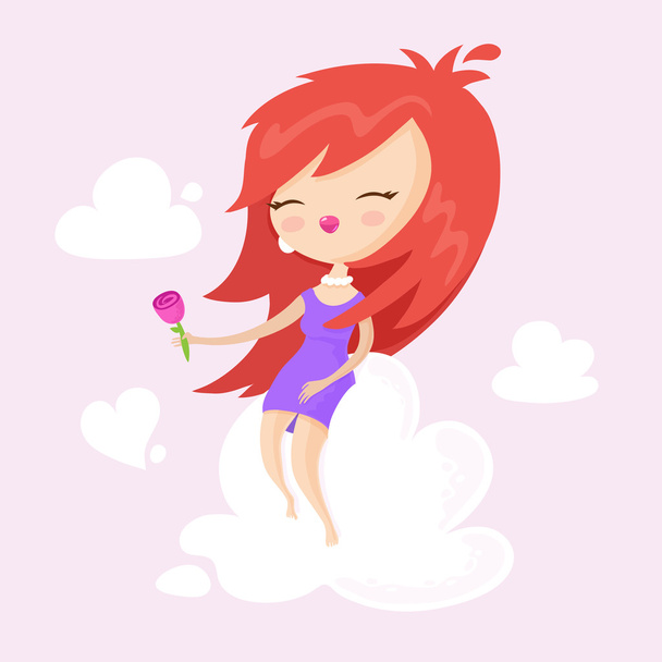 Délicieuse fille asiatique aux cheveux rouges rêvant d'amour avec Flower Rose dans sa main assise sur un doux nuage moelleux Illustration vectorielle
 - Vecteur, image