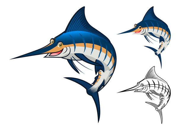 hochwertige blaue Marlin Cartoon-Figur sind flaches Design und Line Art Version - Vektor, Bild