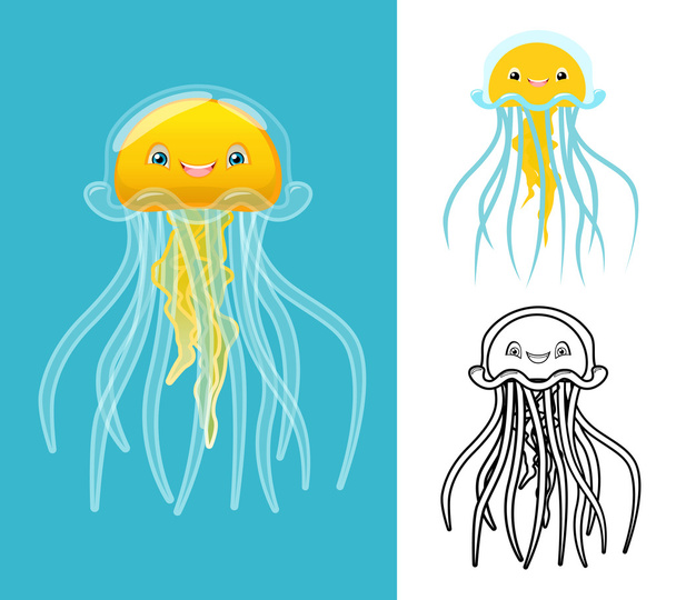 Personaje de dibujos animados de medusas de alta calidad incluyen diseño plano y versión de arte de línea
 - Vector, imagen