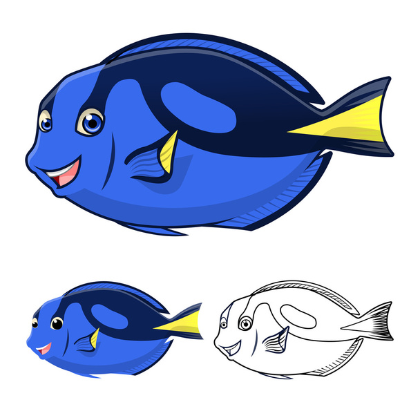 High Quality Regal Blue Tang Cartoon Character Include Flat Design and Line Art Version - Vector, Image