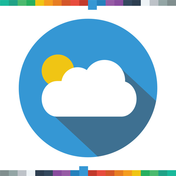 Zon en cloud platte pictogram in een blauwe cirkel met een lange schaduw. - Vector, afbeelding