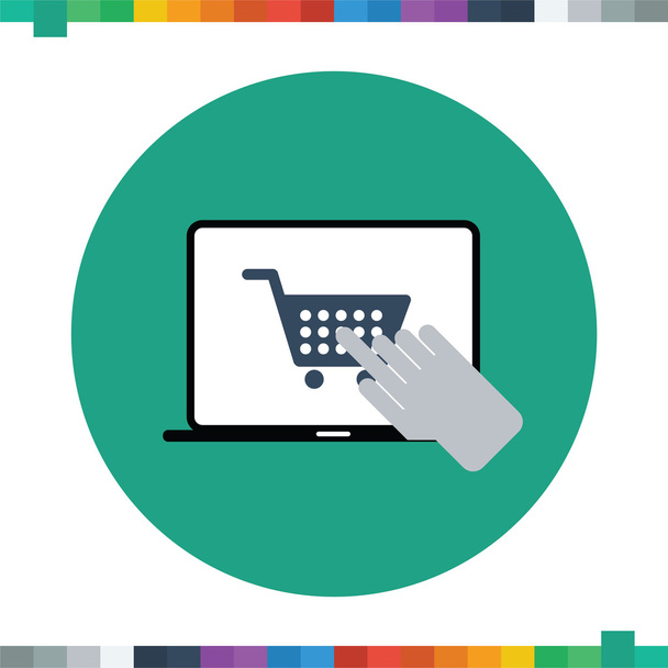 ícone de carrinho de compras em um laptop com um dedo clicando sobre ele, onl
 - Vetor, Imagem