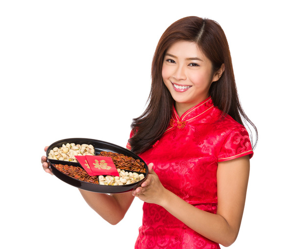 Chinese young woman in red dress - Photo, Image