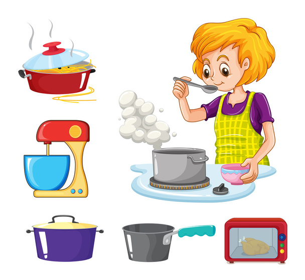 Μαγείρεμα γυναίκα και άλλου εξοπλισμού - Διάνυσμα, εικόνα