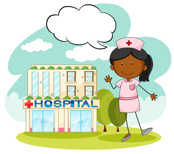 Verpleegkundige staande voor ziekenhuis - Vector, afbeelding